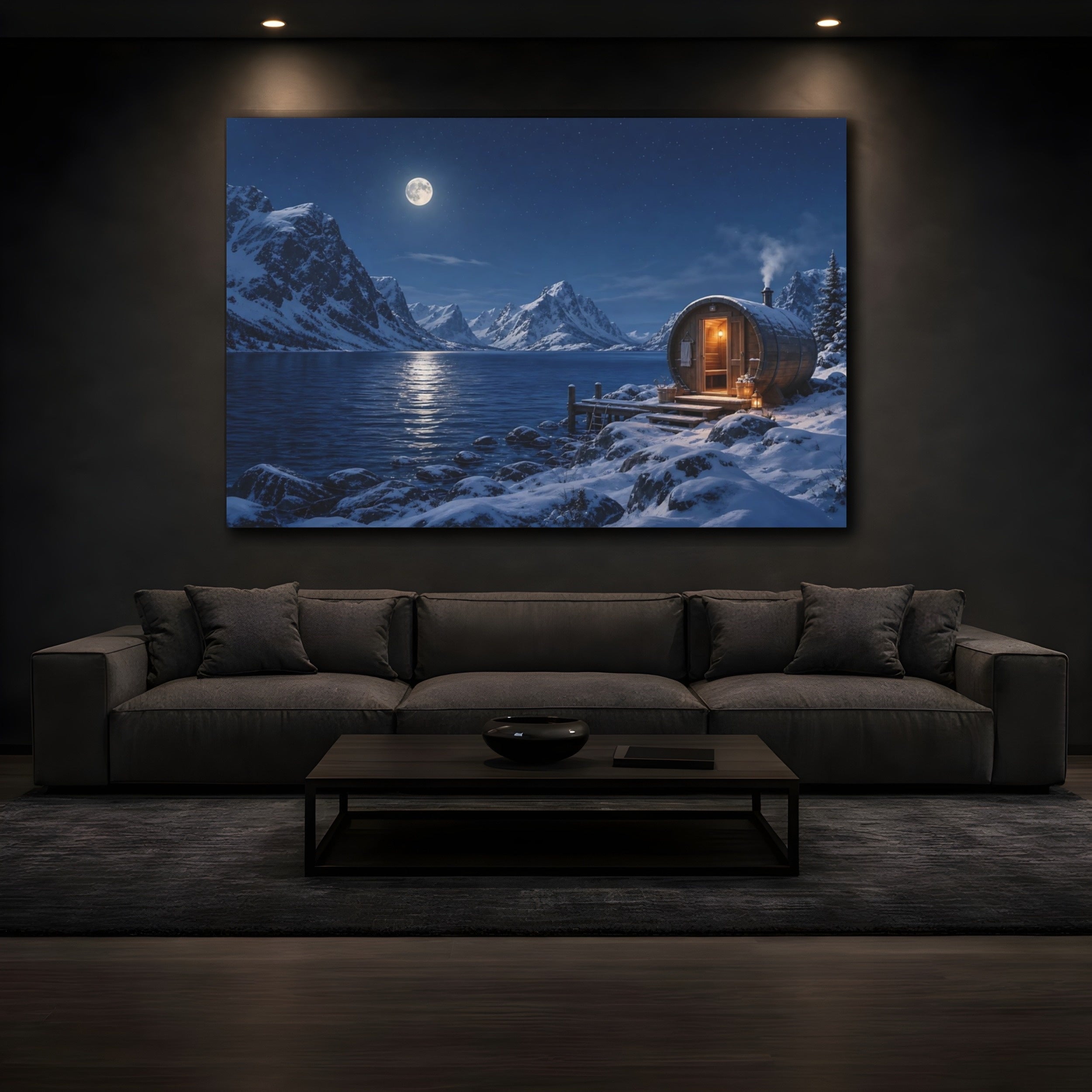 Mockup 3. Nature Lakeside Sauna Blue Winter Night shown as stretched canvas wall art
