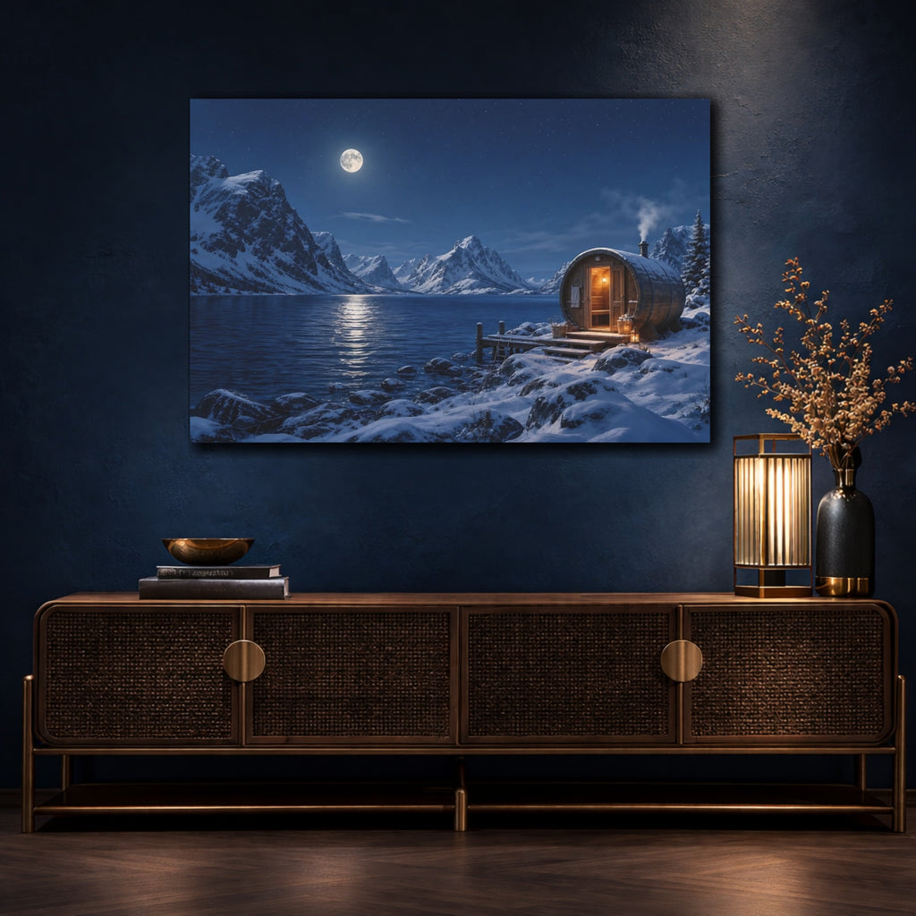 Mockup 4. Nature Lakeside Sauna Blue Winter Night shown as stretched canvas wall art