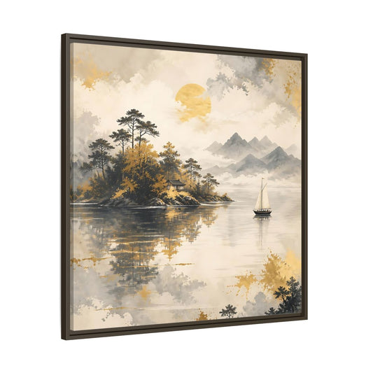 Main Mockup. Nature Lakeside Scene Gold Gray Lake shown as stretched canvas wall art