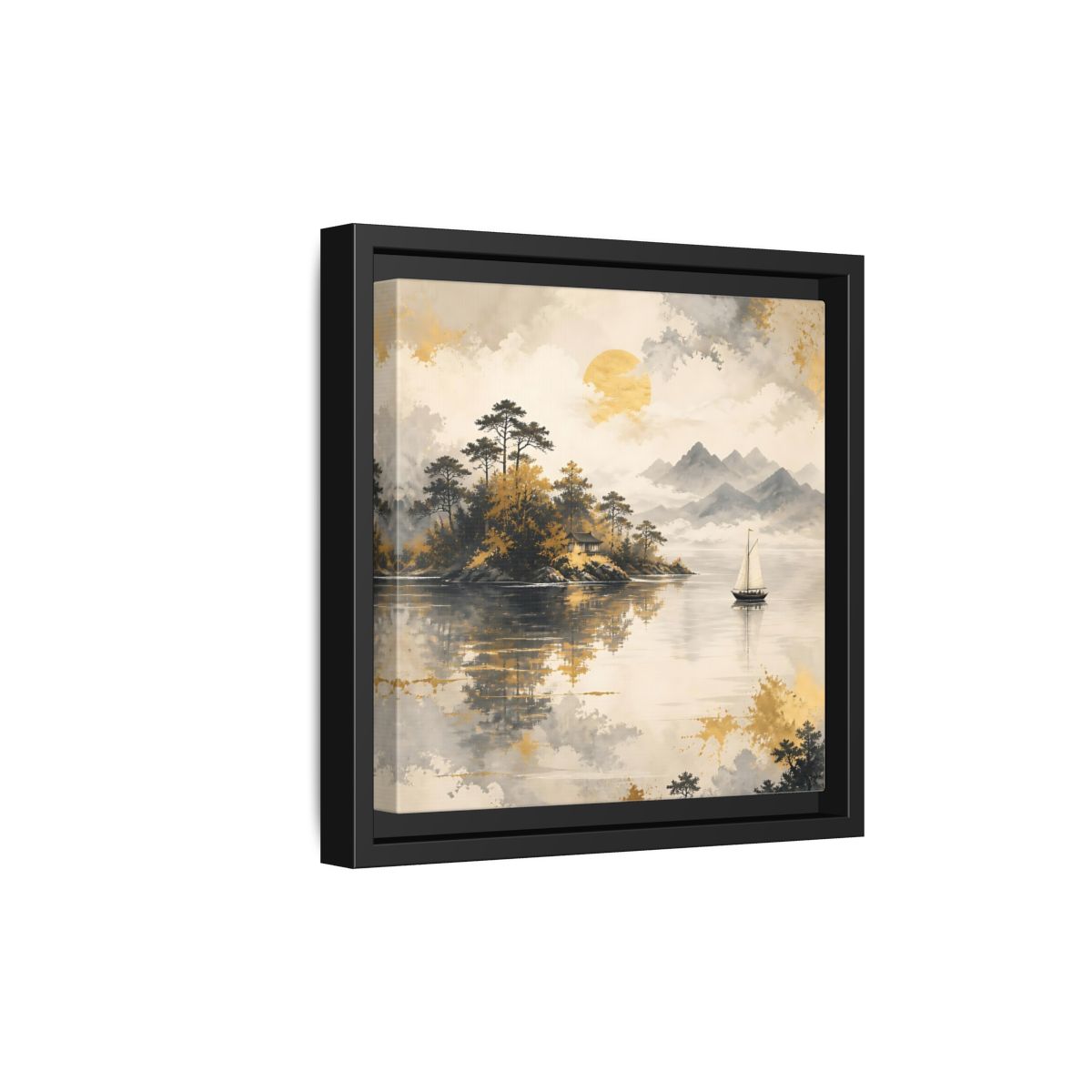 Side Mockup 21. Nature Lakeside Scene Gold Gray Lake shown as stretched canvas wall art