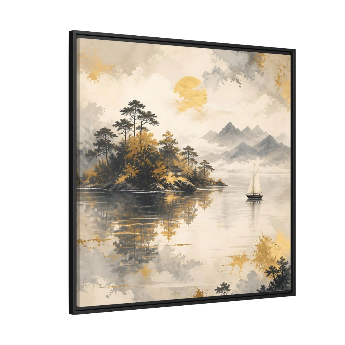 Side Mockup 6. Nature Lakeside Scene Gold Gray Lake shown as stretched canvas wall art