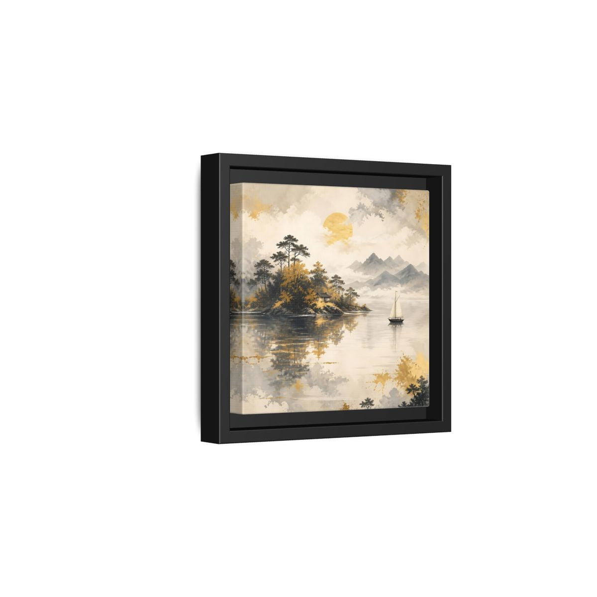 Side Mockup 3. Nature Lakeside Scene Gold Gray Lake shown as stretched canvas wall art