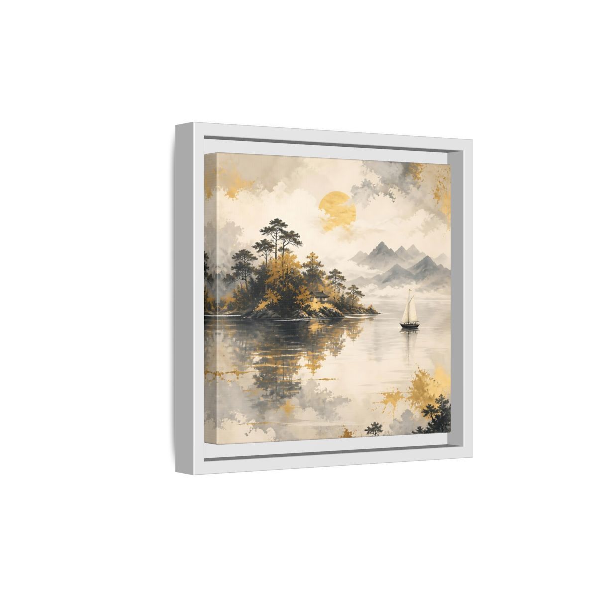 Side Mockup 19. Nature Lakeside Scene Gold Gray Lake shown as stretched canvas wall art