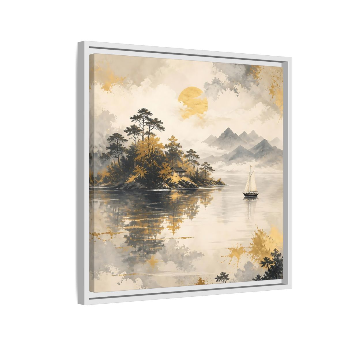 Side Mockup 10. Nature Lakeside Scene Gold Gray Lake shown as stretched canvas wall art