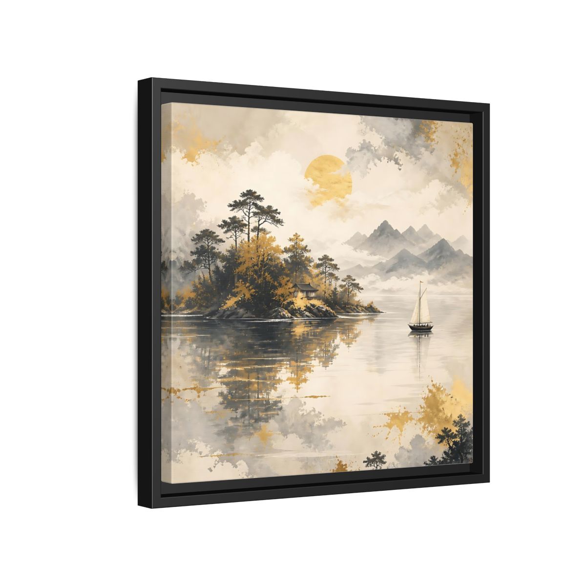 Side Mockup 15. Nature Lakeside Scene Gold Gray Lake shown as stretched canvas wall art