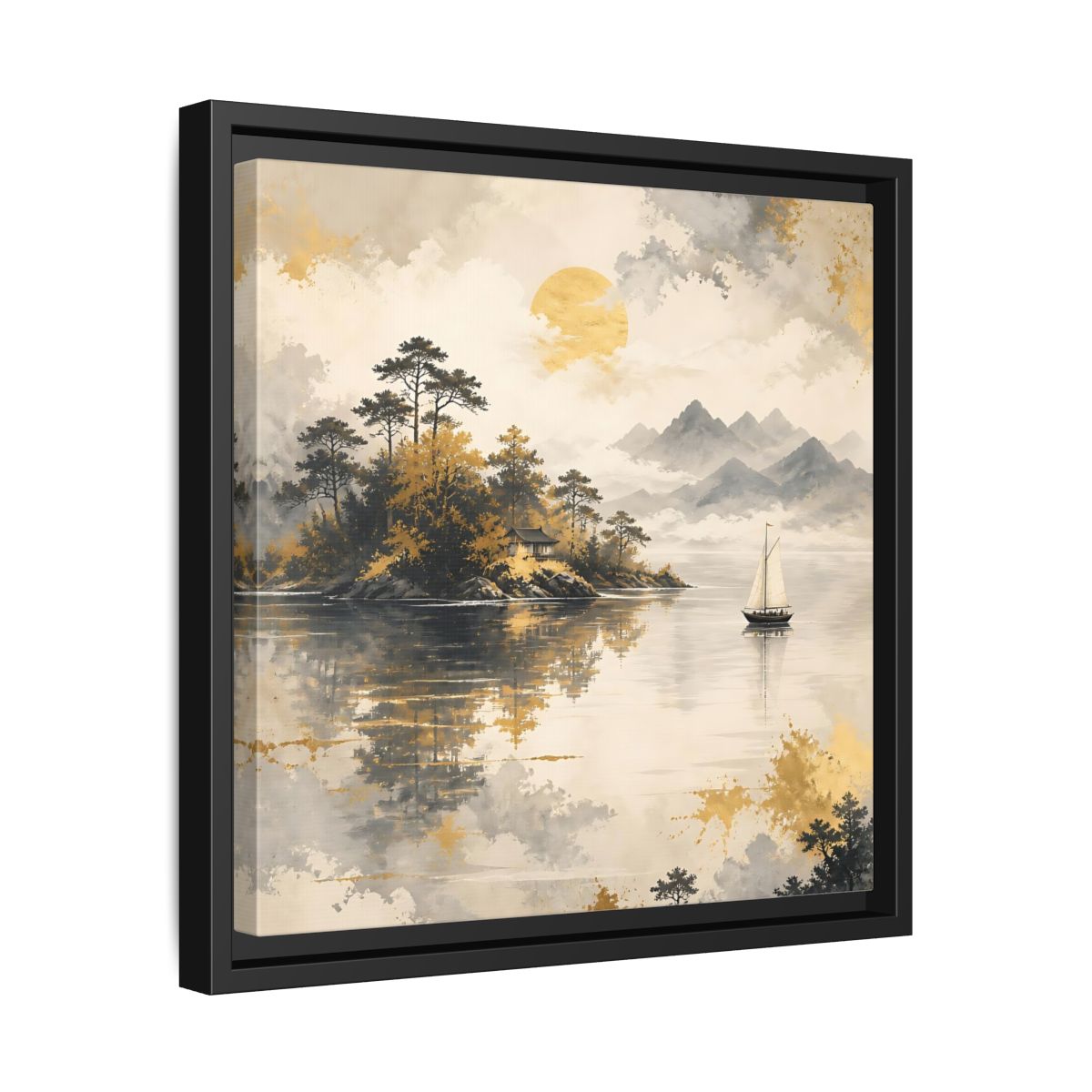 Side Mockup 32. Nature Lakeside Scene Gold Gray Lake shown as stretched canvas wall art