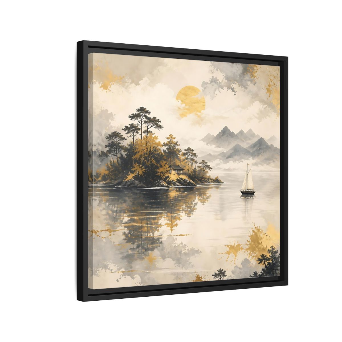 Side Mockup 12. Nature Lakeside Scene Gold Gray Lake shown as stretched canvas wall art