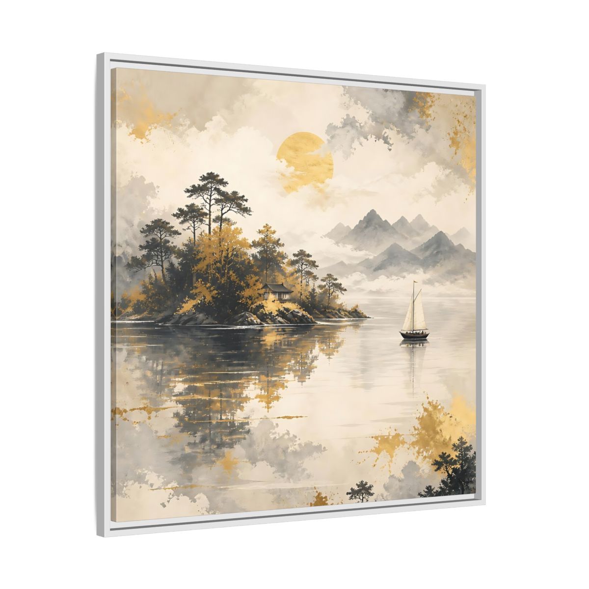 Side Mockup 25. Nature Lakeside Scene Gold Gray Lake shown as stretched canvas wall art