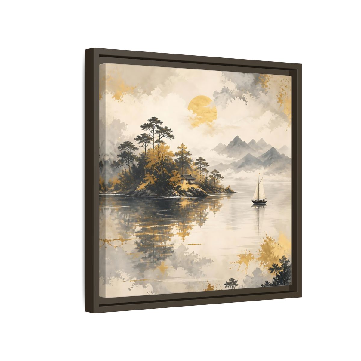 Side Mockup 14. Nature Lakeside Scene Gold Gray Lake shown as stretched canvas wall art