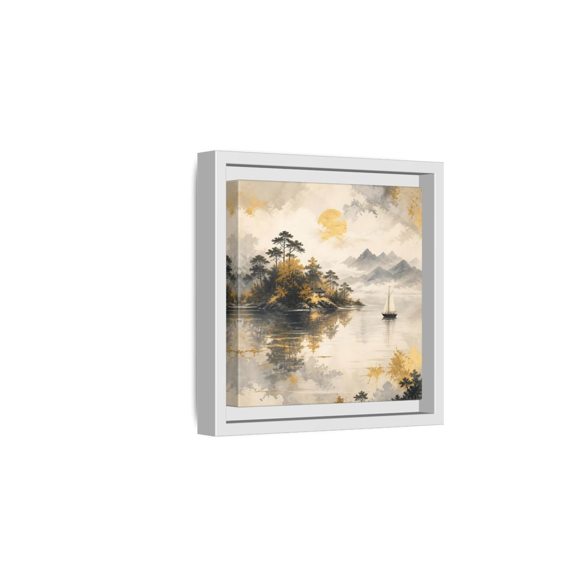Side Mockup 1. Nature Lakeside Scene Gold Gray Lake shown as stretched canvas wall art