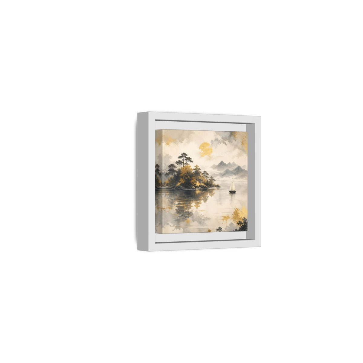 Side Mockup 22. Nature Lakeside Scene Gold Gray Lake shown as stretched canvas wall art