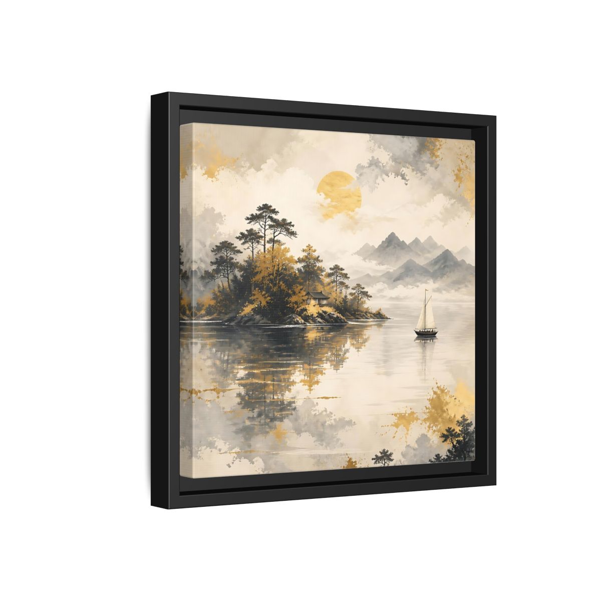 Side Mockup 18. Nature Lakeside Scene Gold Gray Lake shown as stretched canvas wall art