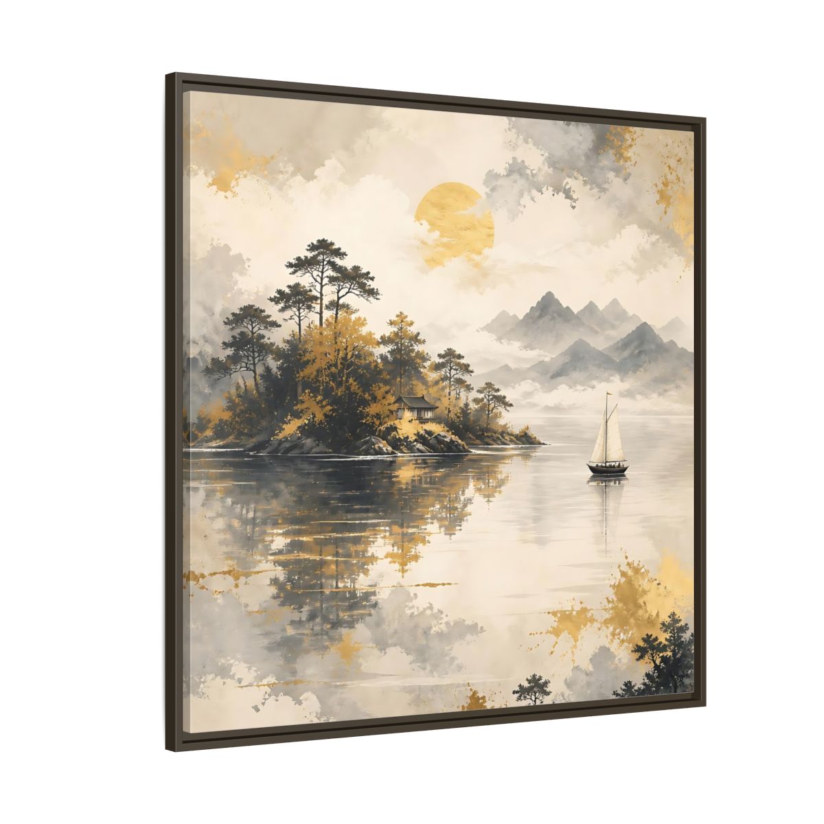 Side Mockup 5. Nature Lakeside Scene Gold Gray Lake shown as stretched canvas wall art