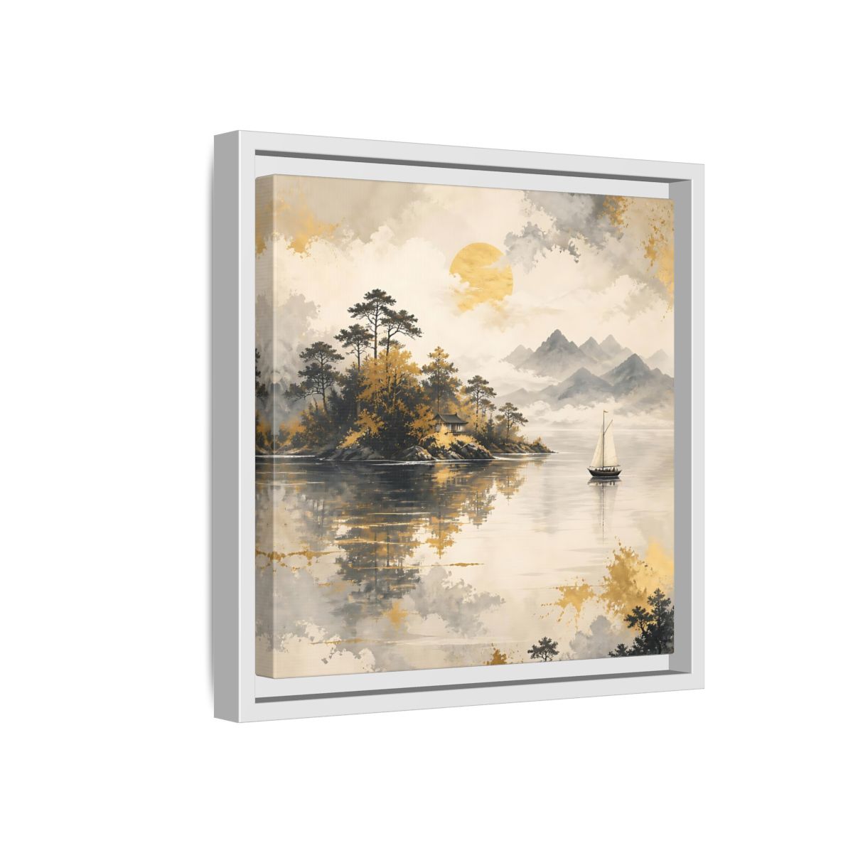 Side Mockup 16. Nature Lakeside Scene Gold Gray Lake shown as stretched canvas wall art
