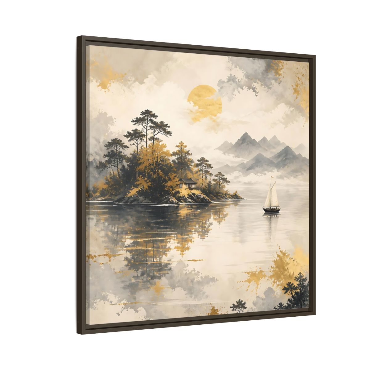 Side Mockup 8. Nature Lakeside Scene Gold Gray Lake shown as stretched canvas wall art