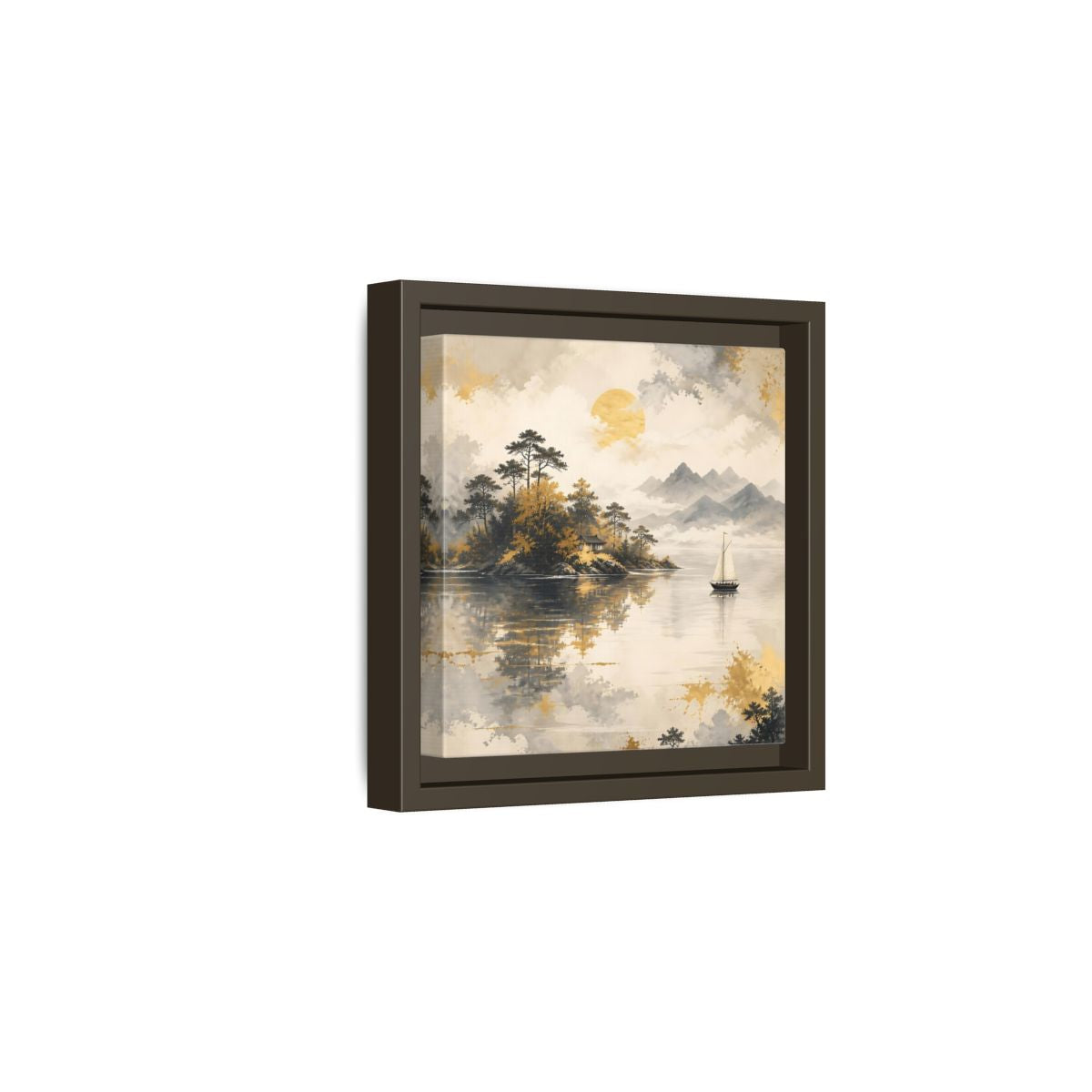 Side Mockup 2. Nature Lakeside Scene Gold Gray Lake shown as stretched canvas wall art