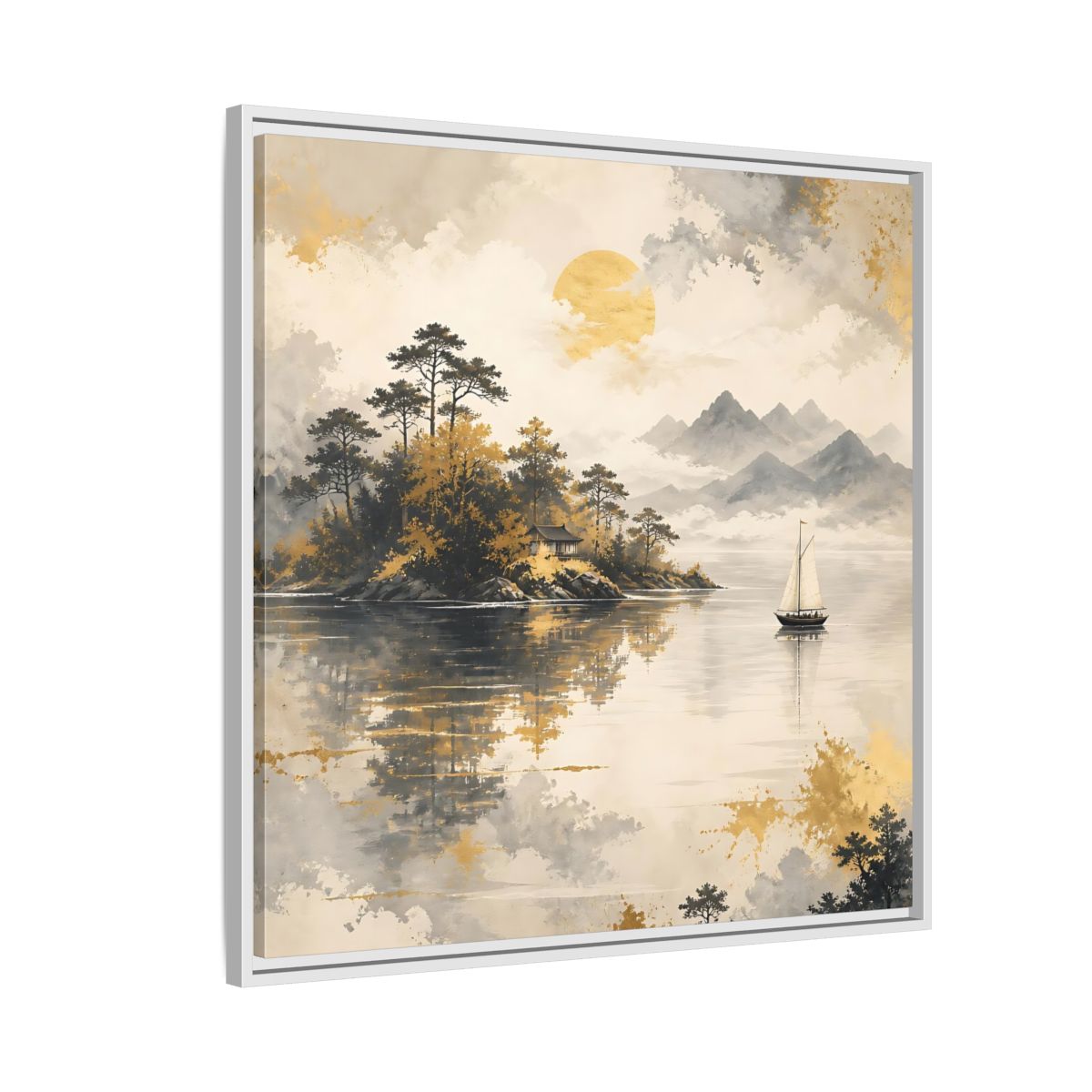 Side Mockup 7. Nature Lakeside Scene Gold Gray Lake shown as stretched canvas wall art