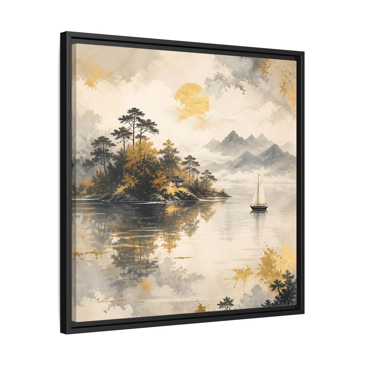Side Mockup 31. Nature Lakeside Scene Gold Gray Lake shown as stretched canvas wall art