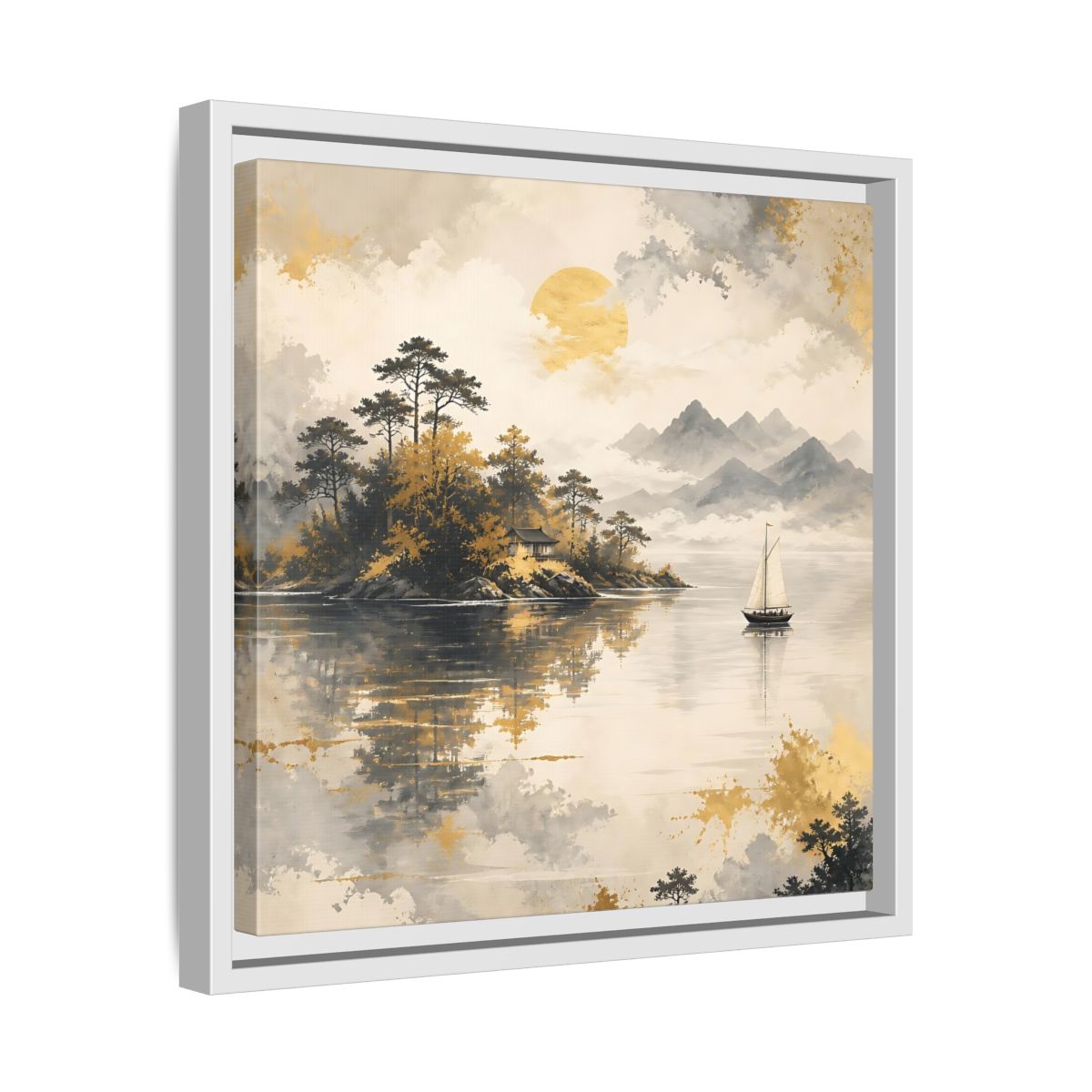 Side Mockup 28. Nature Lakeside Scene Gold Gray Lake shown as stretched canvas wall art