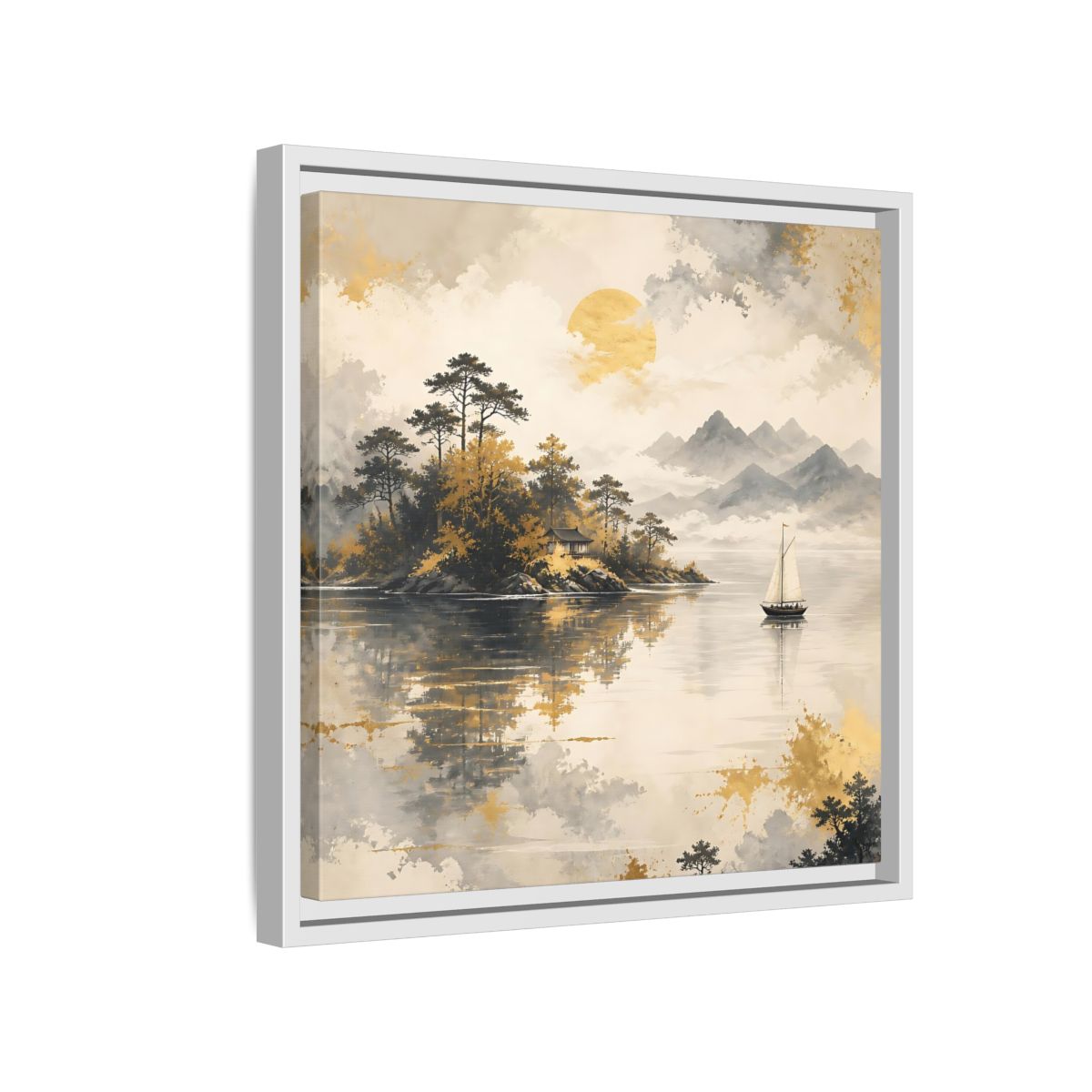 Side Mockup 13. Nature Lakeside Scene Gold Gray Lake shown as stretched canvas wall art