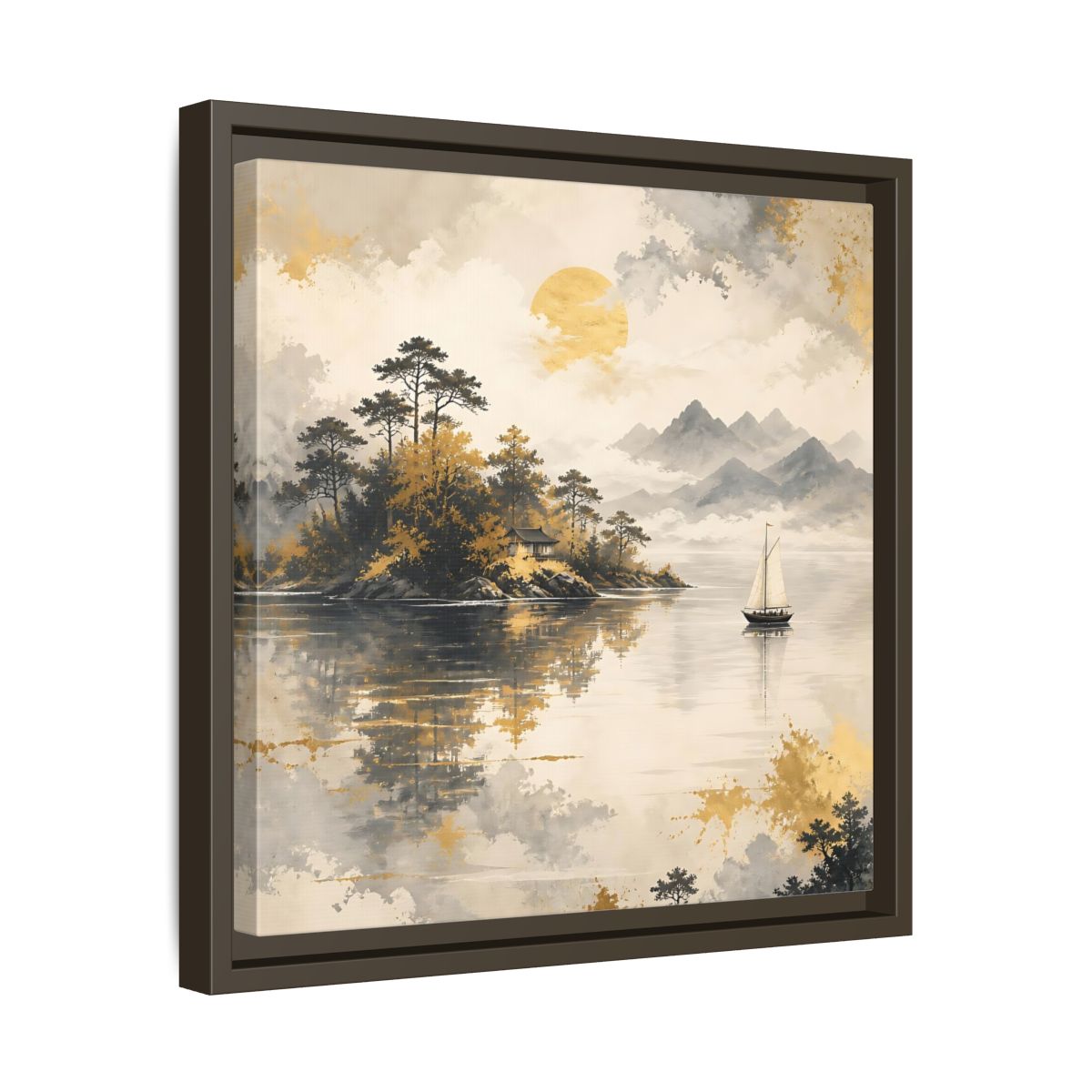 Side Mockup 29. Nature Lakeside Scene Gold Gray Lake shown as stretched canvas wall art
