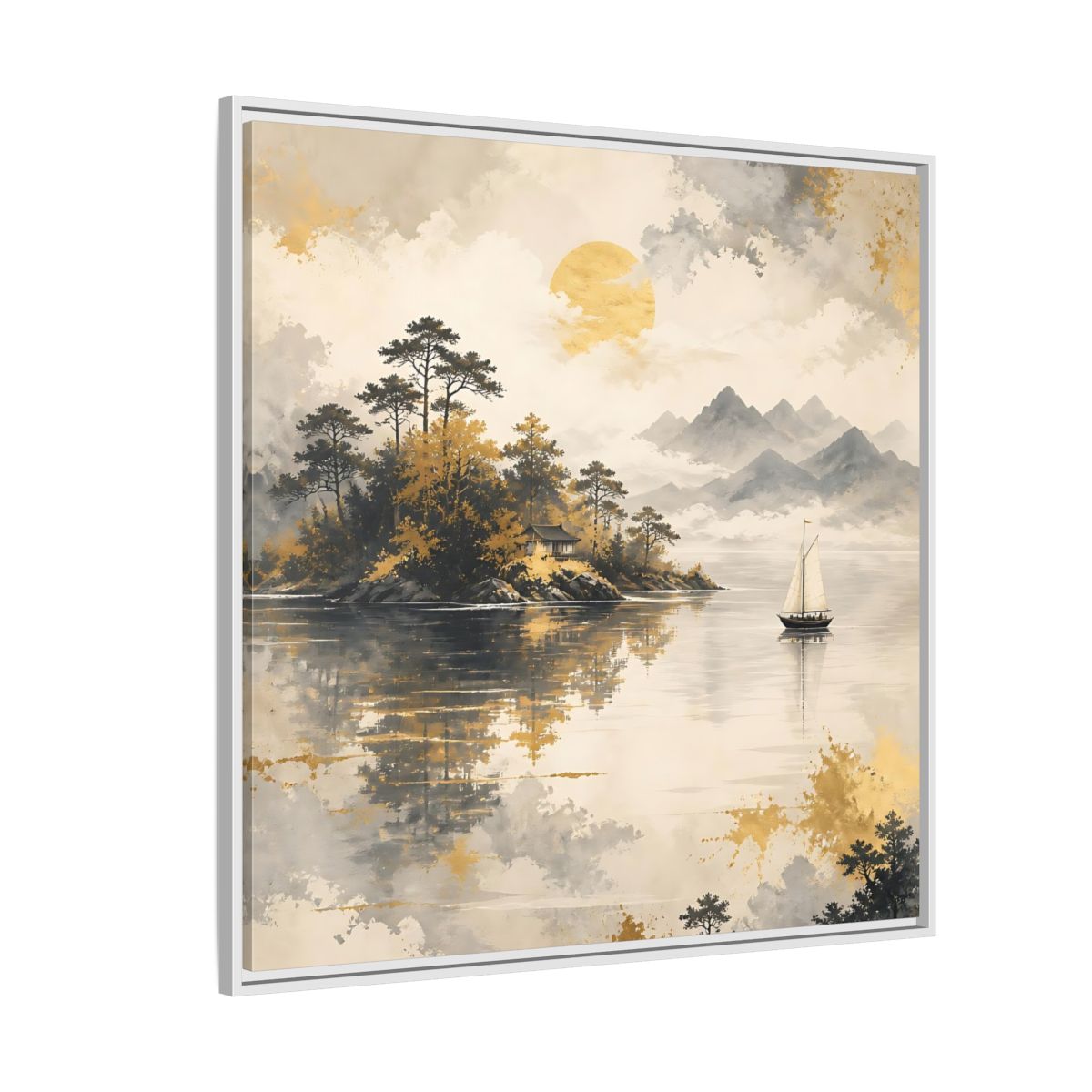 Side Mockup 4. Nature Lakeside Scene Gold Gray Lake shown as stretched canvas wall art