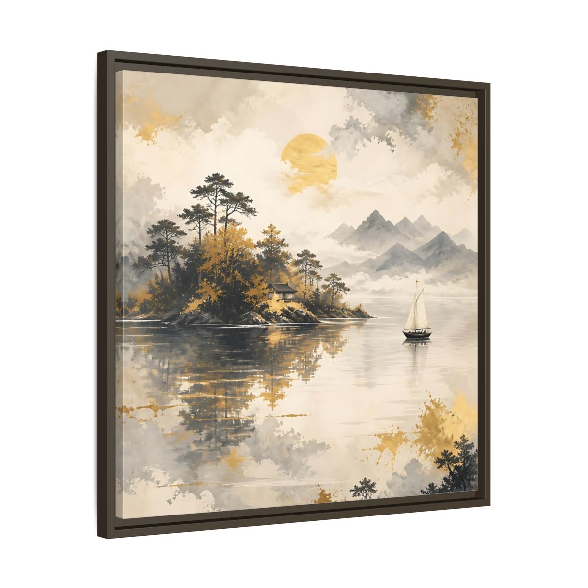 Side Mockup 27. Nature Lakeside Scene Gold Gray Lake shown as stretched canvas wall art