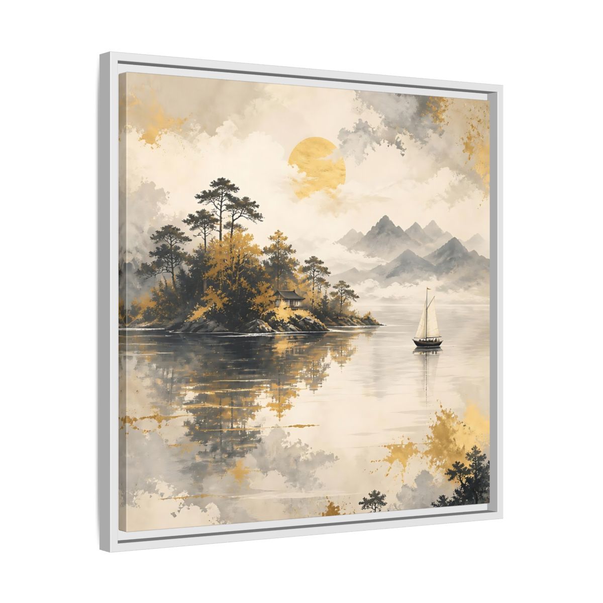 Side Mockup 26. Nature Lakeside Scene Gold Gray Lake shown as stretched canvas wall art