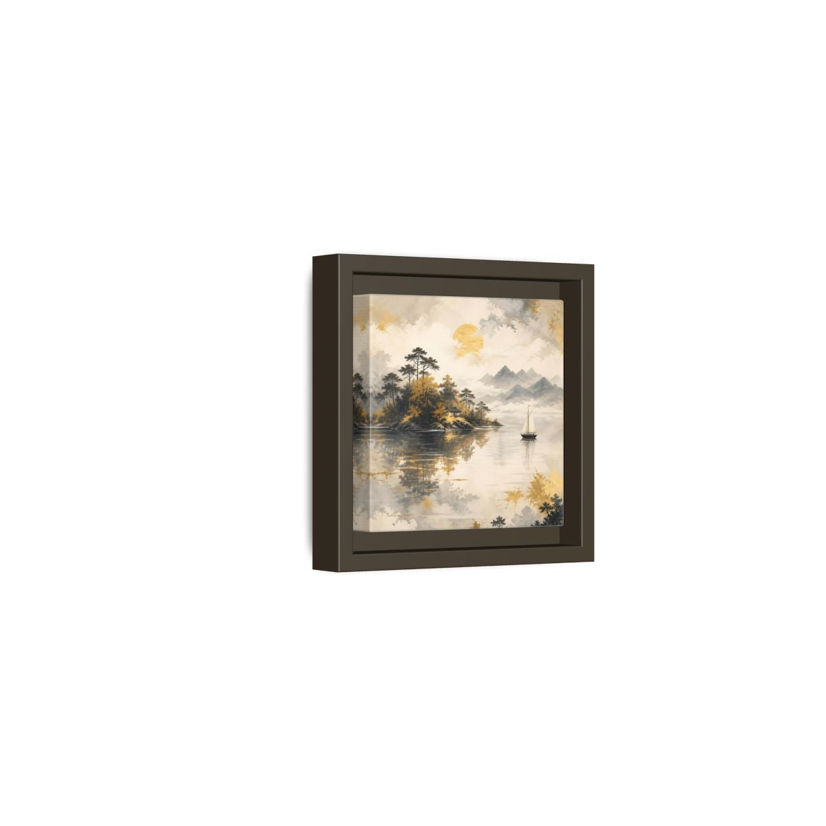 Side Mockup 23. Nature Lakeside Scene Gold Gray Lake shown as stretched canvas wall art