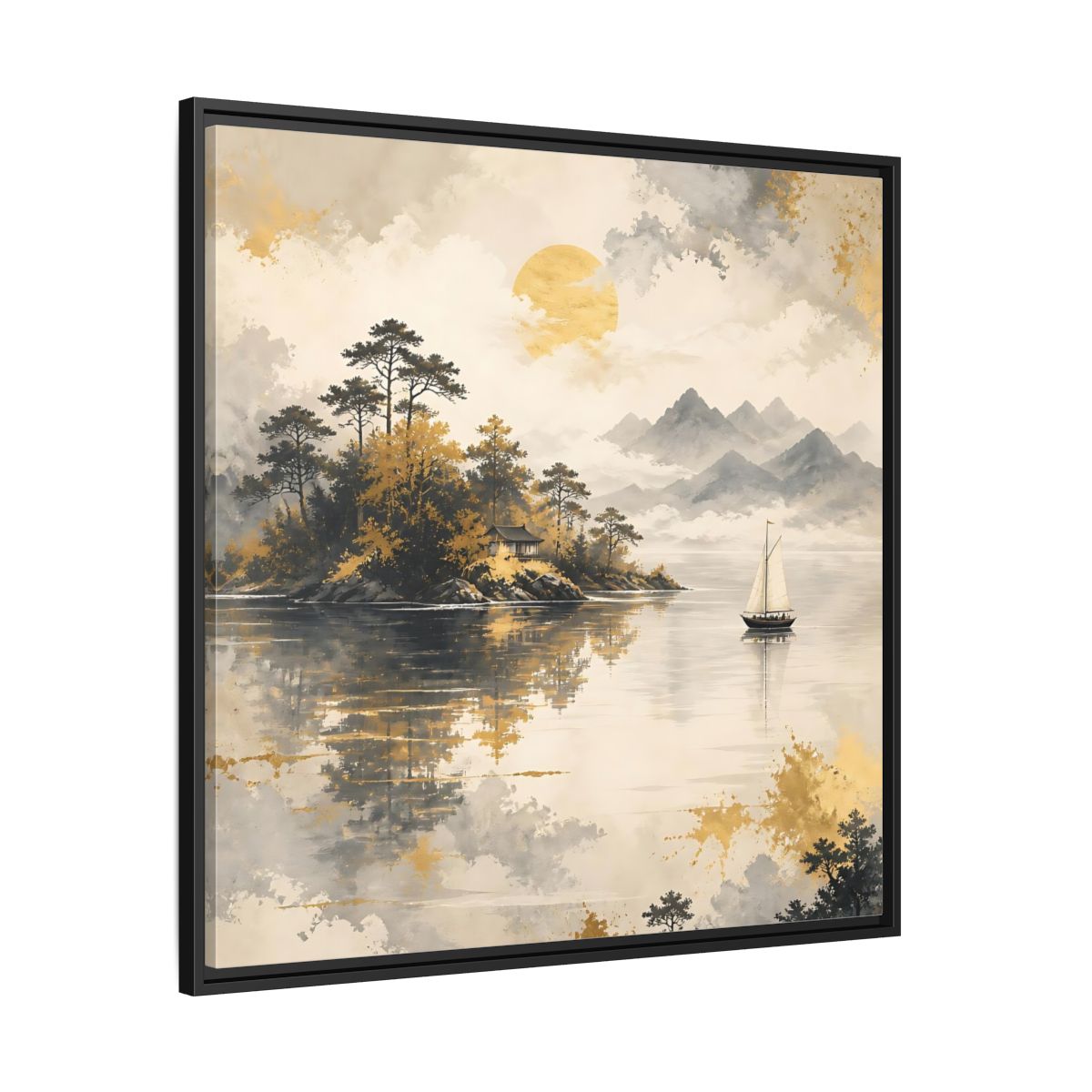 Side Mockup 30. Nature Lakeside Scene Gold Gray Lake shown as stretched canvas wall art