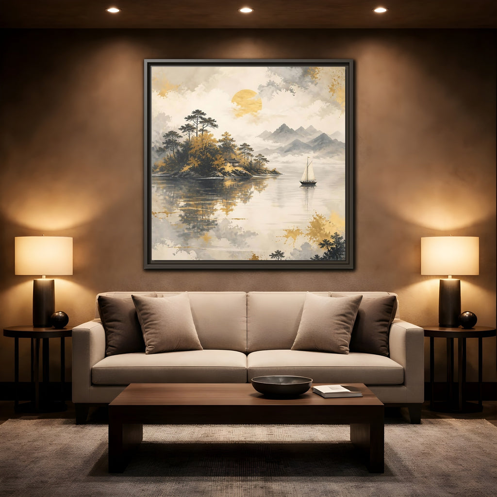 Mockup 2. Nature Lakeside Scene Gold Gray Lake shown as stretched canvas wall art
