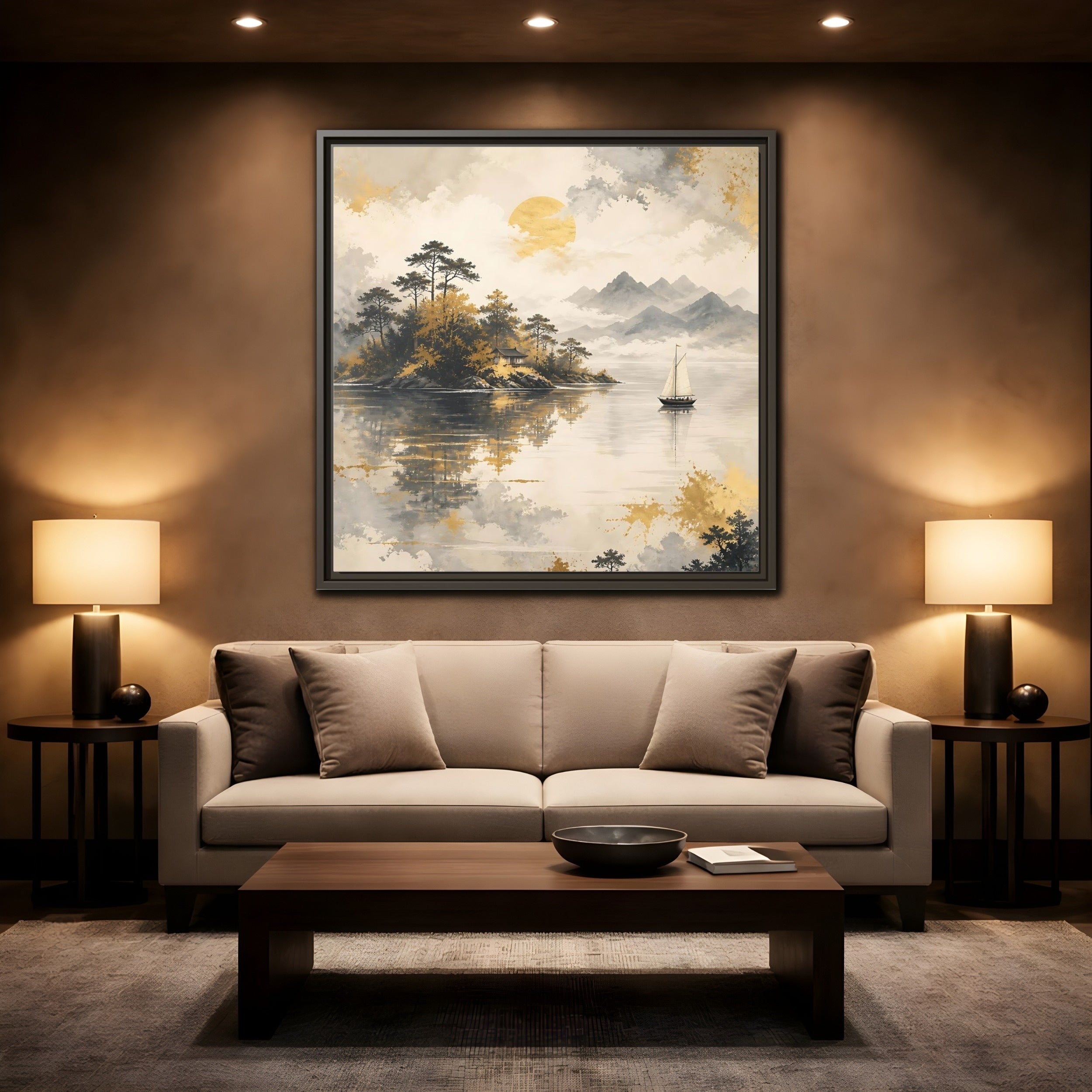 Mockup 2. Nature Lakeside Scene Gold Gray Lake shown as stretched canvas wall art