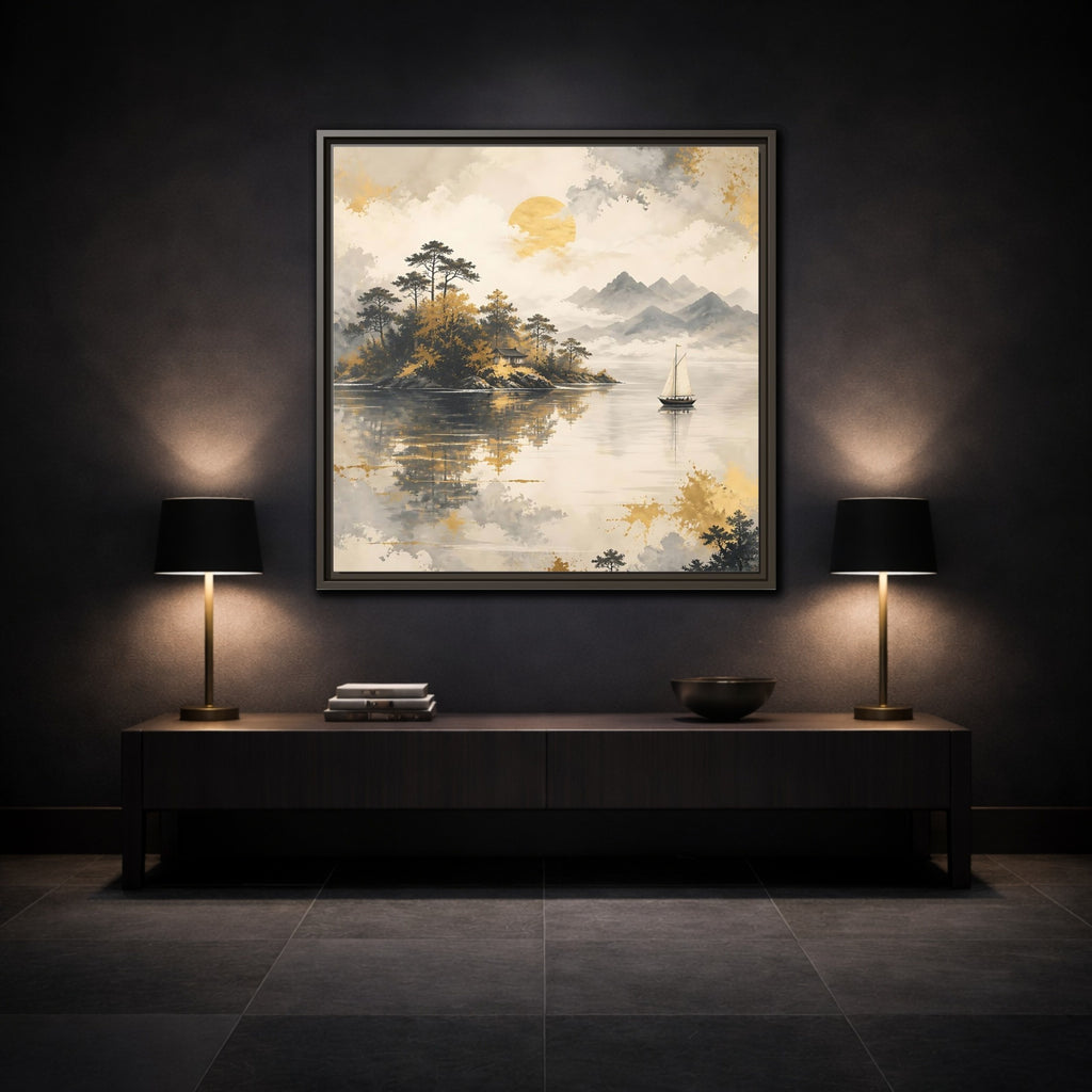 Mockup 3. Nature Lakeside Scene Gold Gray Lake shown as stretched canvas wall art