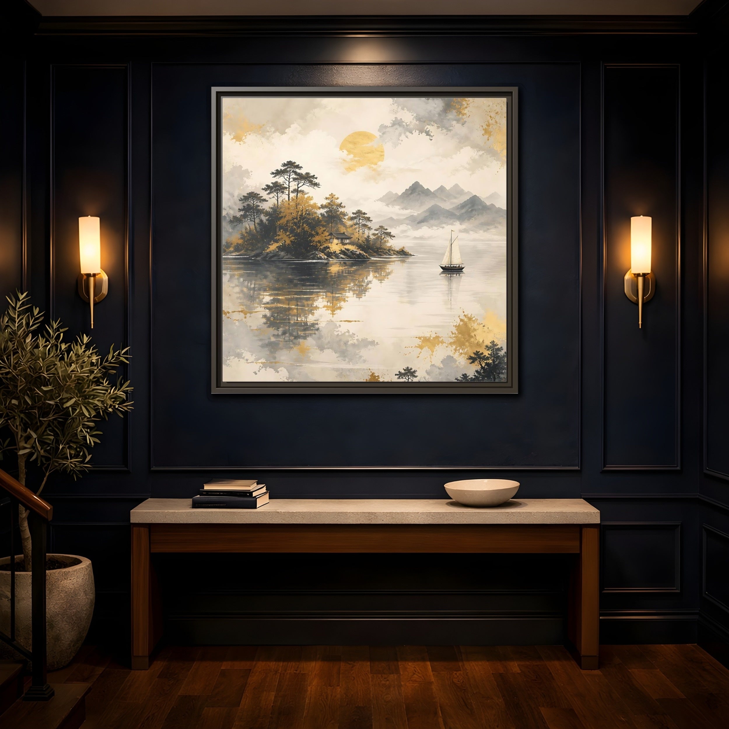 Mockup 4. Nature Lakeside Scene Gold Gray Lake shown as stretched canvas wall art