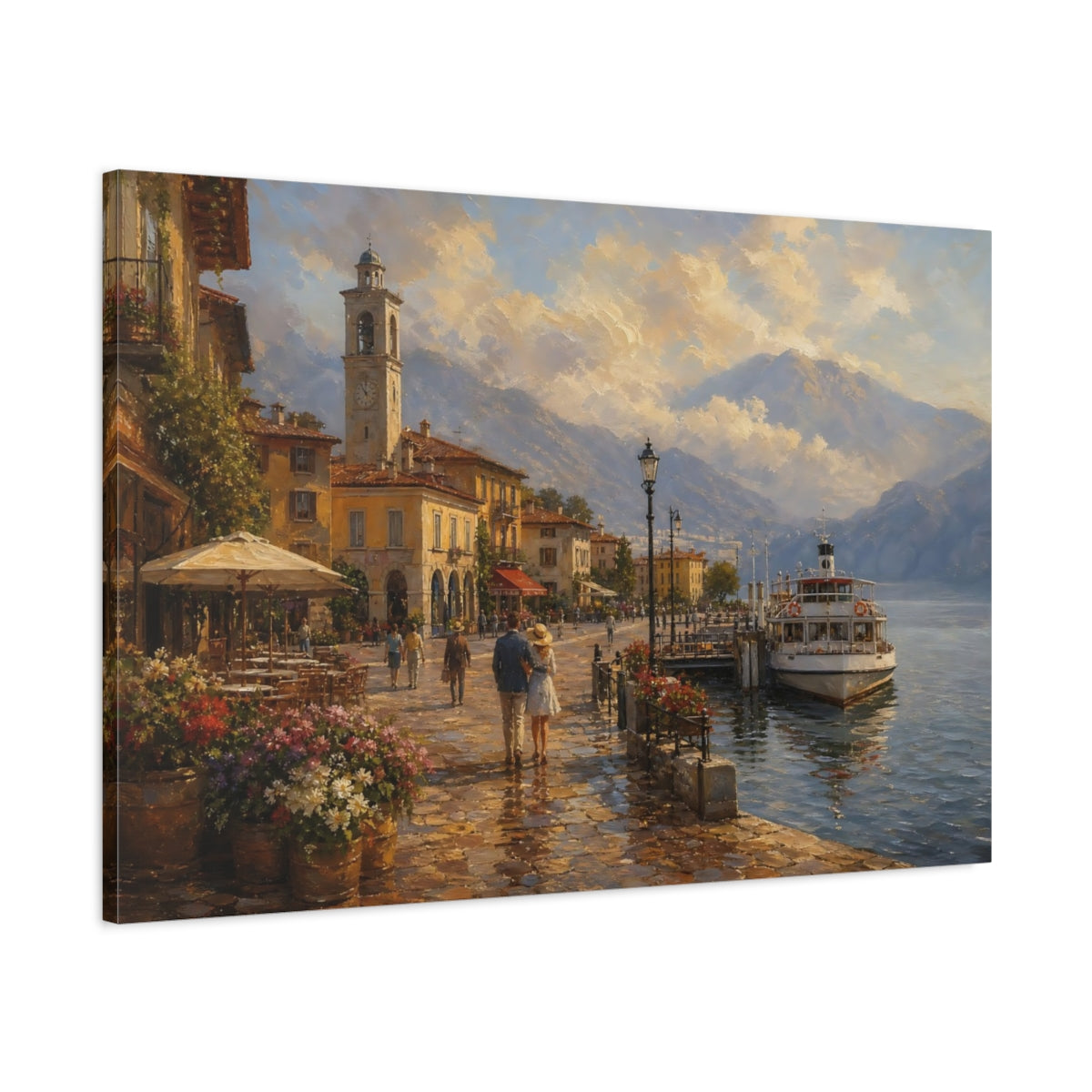 Main Mockup. Nature Lakeside Town Warm European Lake shown as stretched canvas wall art
