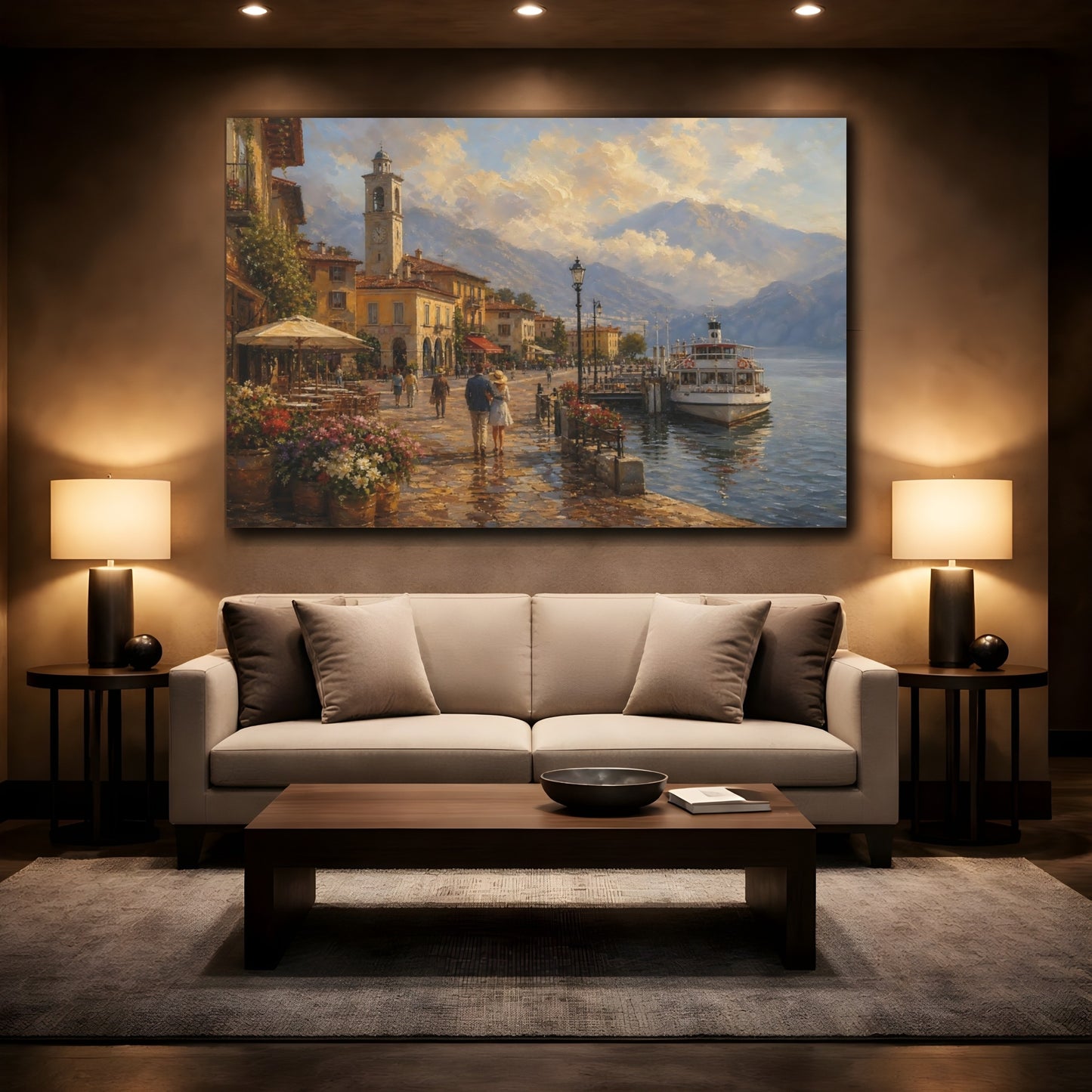 Mockup 2. Nature Lakeside Town Warm European Lake shown as stretched canvas wall art