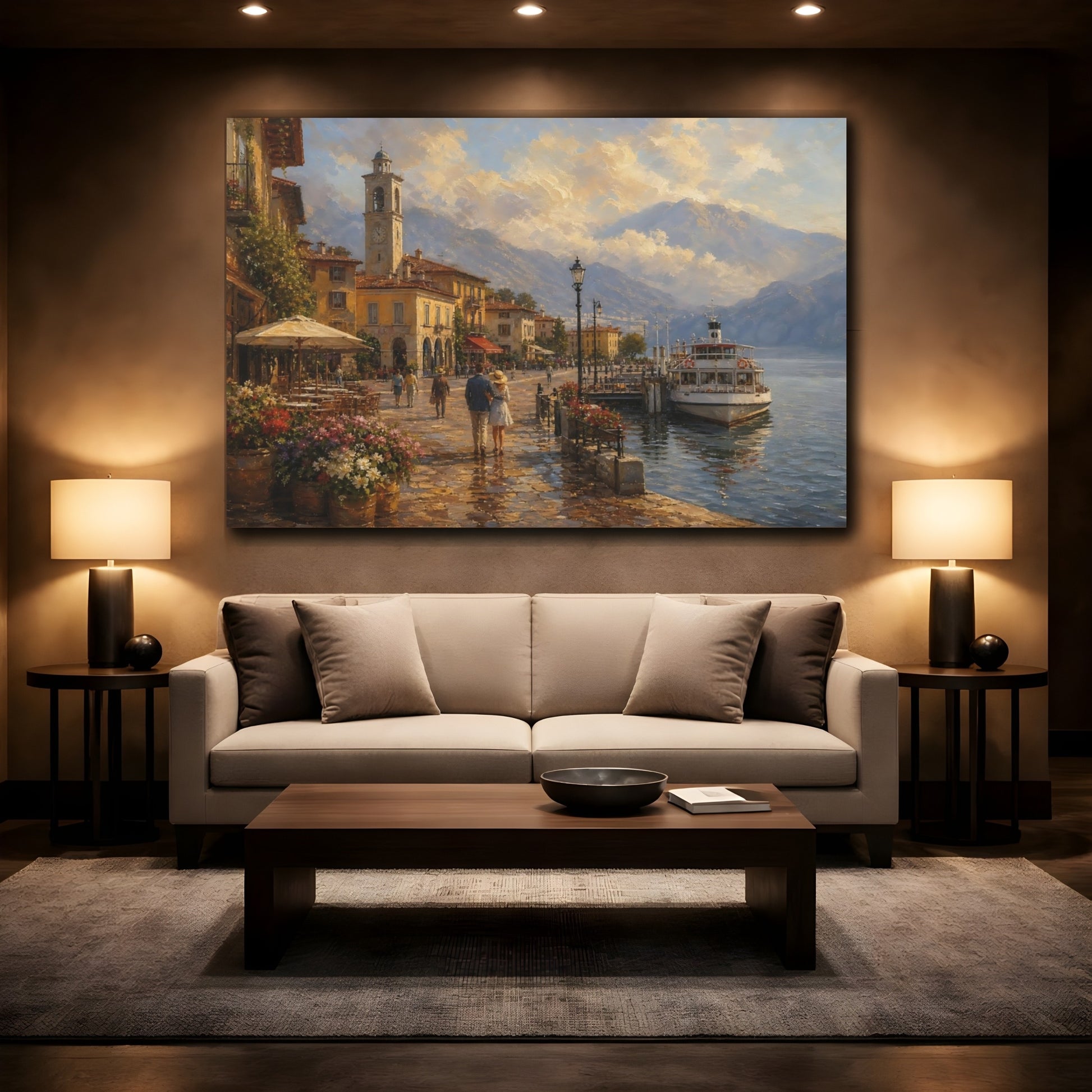 Mockup 2. Nature Lakeside Town Warm European Lake shown as stretched canvas wall art