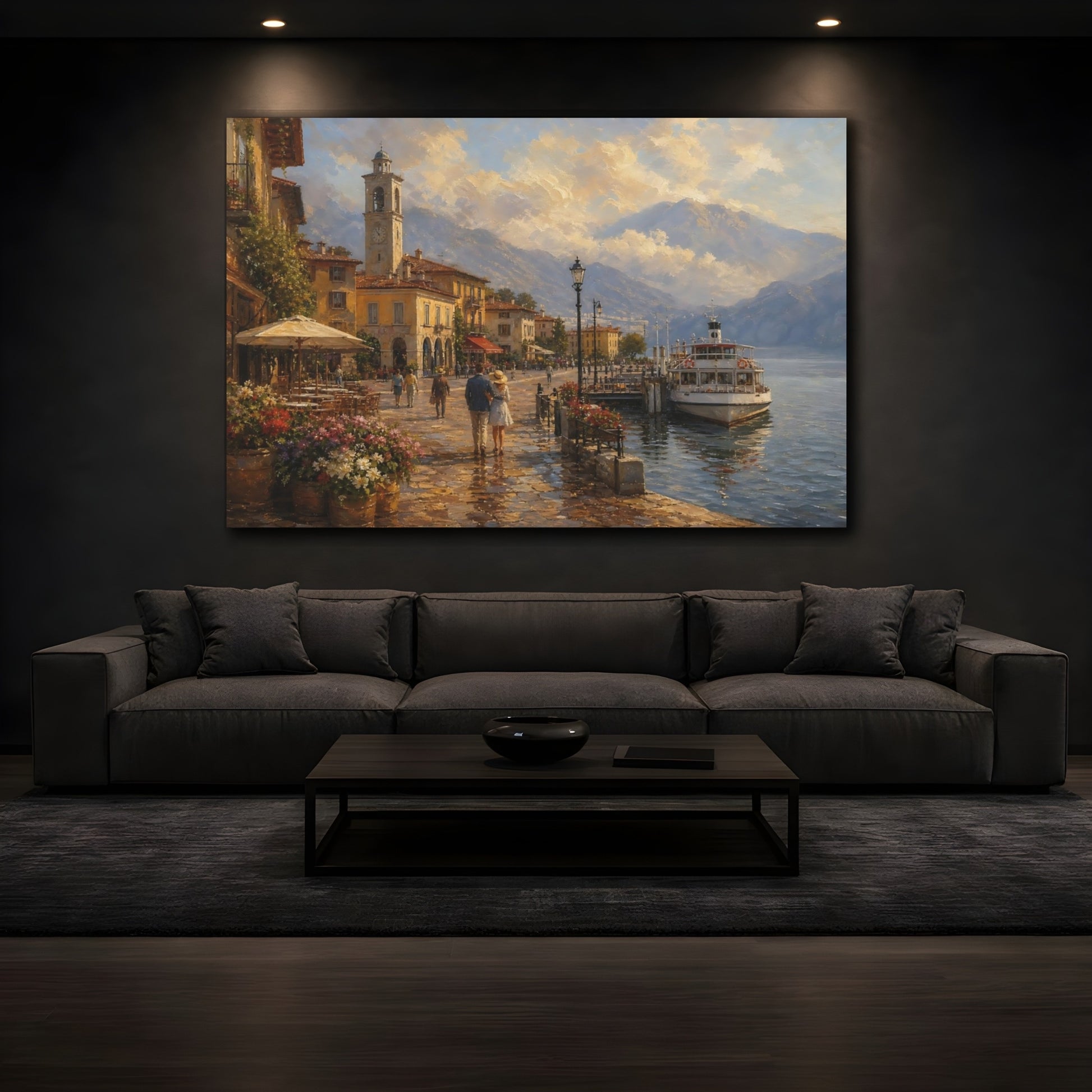 Mockup 3. Nature Lakeside Town Warm European Lake shown as stretched canvas wall art