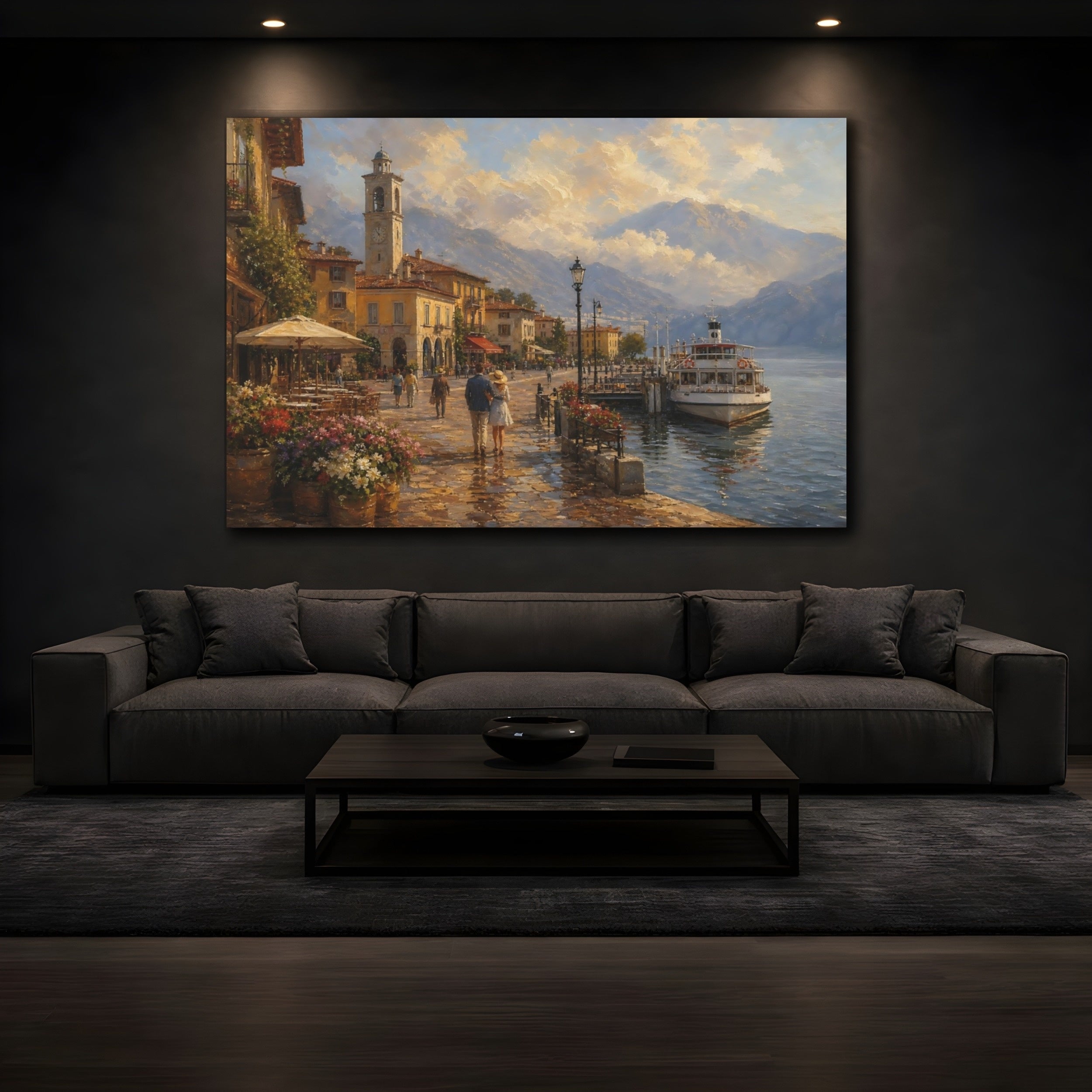 Mockup 3. Nature Lakeside Town Warm European Lake shown as stretched canvas wall art