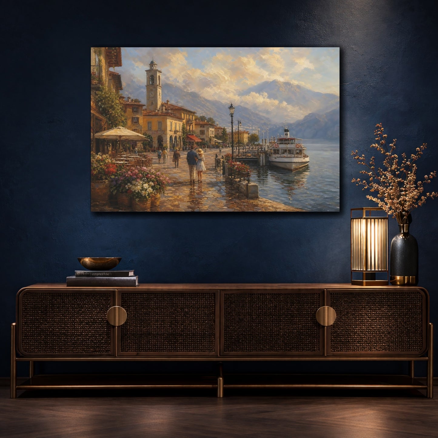 Mockup 4. Nature Lakeside Town Warm European Lake shown as stretched canvas wall art