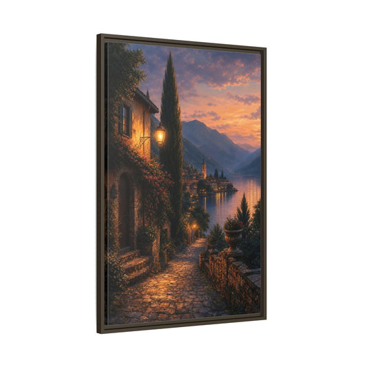 Main Mockup. Nature Lakeside Village Orange Blue Sunset shown as stretched canvas wall art