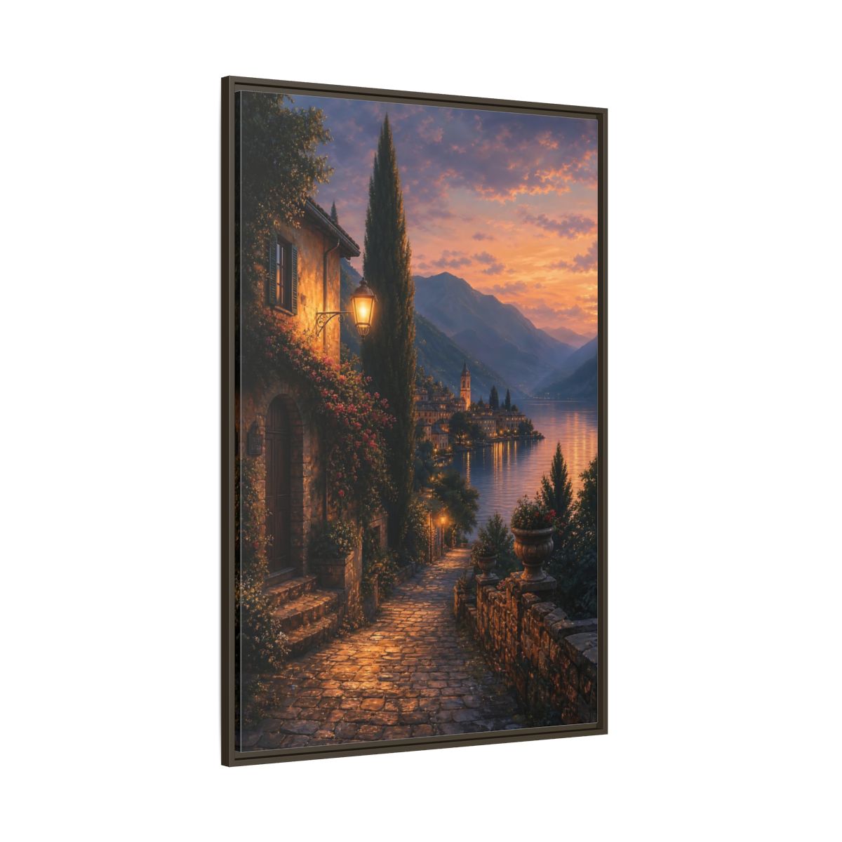 Side Mockup 8. Nature Lakeside Village Orange Blue Sunset shown as stretched canvas wall art