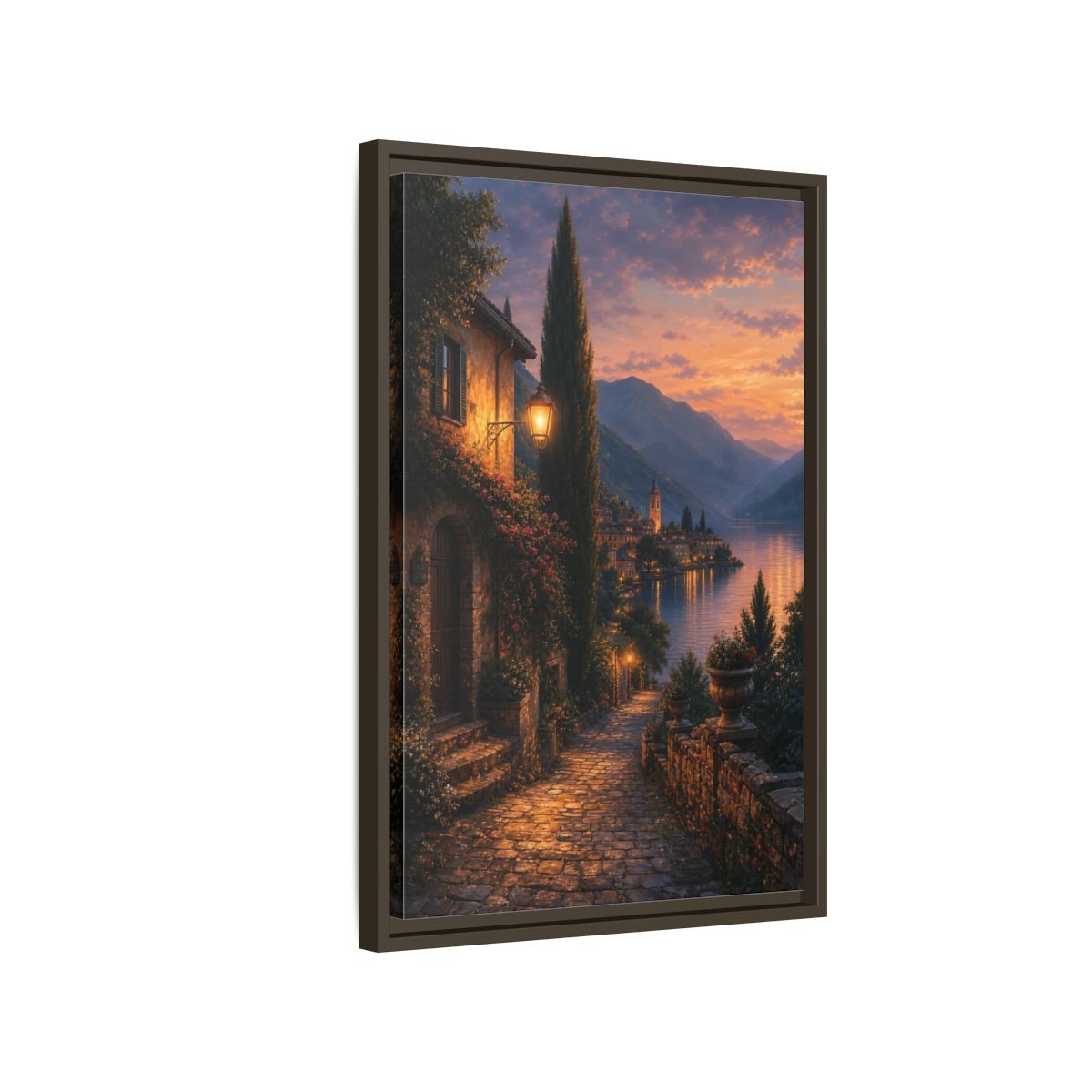 Side Mockup 2. Nature Lakeside Village Orange Blue Sunset shown as stretched canvas wall art