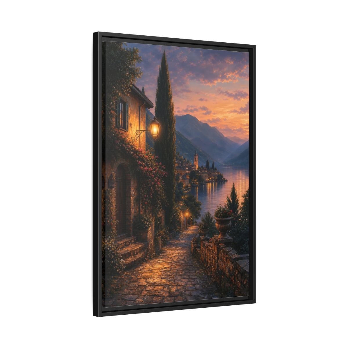 Side Mockup 14. Nature Lakeside Village Orange Blue Sunset shown as stretched canvas wall art