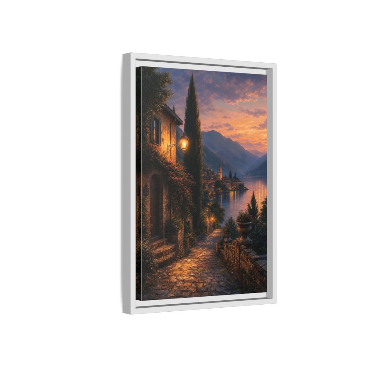 Side Mockup 4. Nature Lakeside Village Orange Blue Sunset shown as stretched canvas wall art