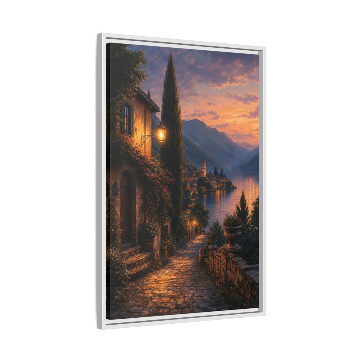 Side Mockup 10. Nature Lakeside Village Orange Blue Sunset shown as stretched canvas wall art