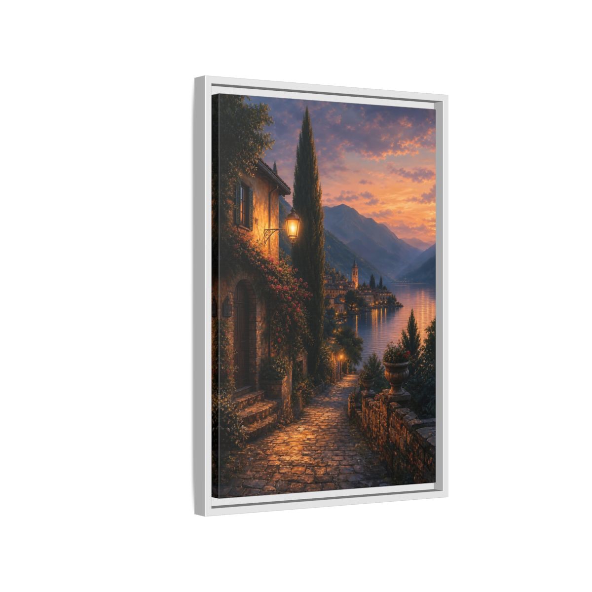 Side Mockup 1. Nature Lakeside Village Orange Blue Sunset shown as stretched canvas wall art
