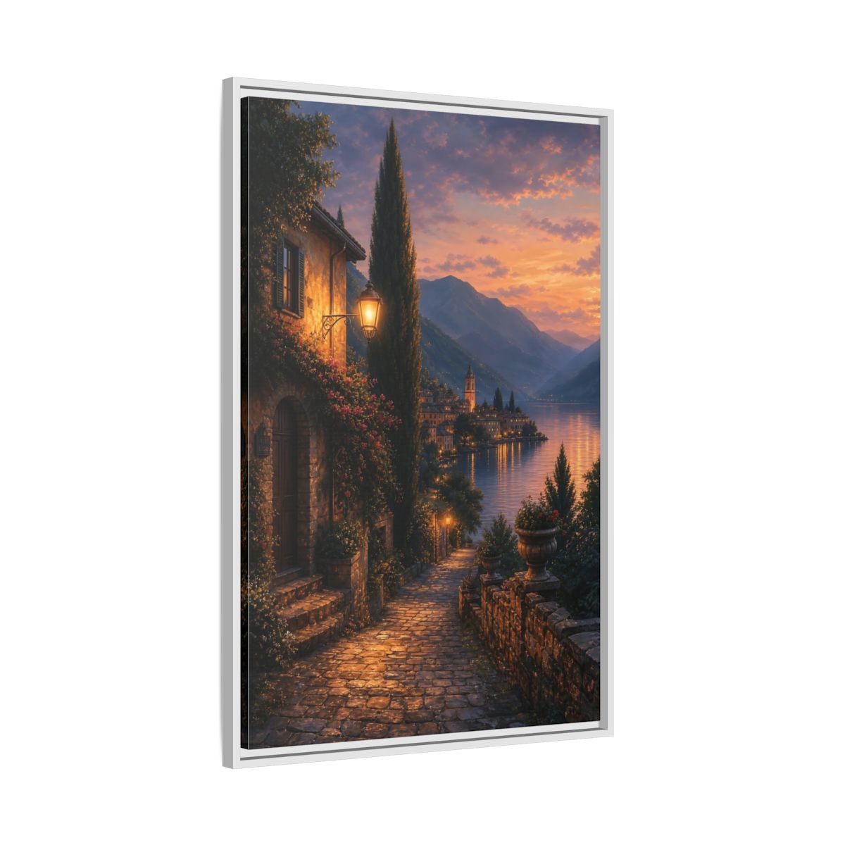Side Mockup 9. Nature Lakeside Village Orange Blue Sunset shown as stretched canvas wall art