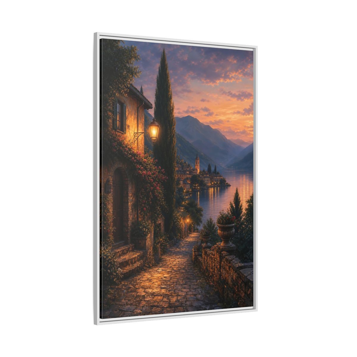 Side Mockup 7. Nature Lakeside Village Orange Blue Sunset shown as stretched canvas wall art