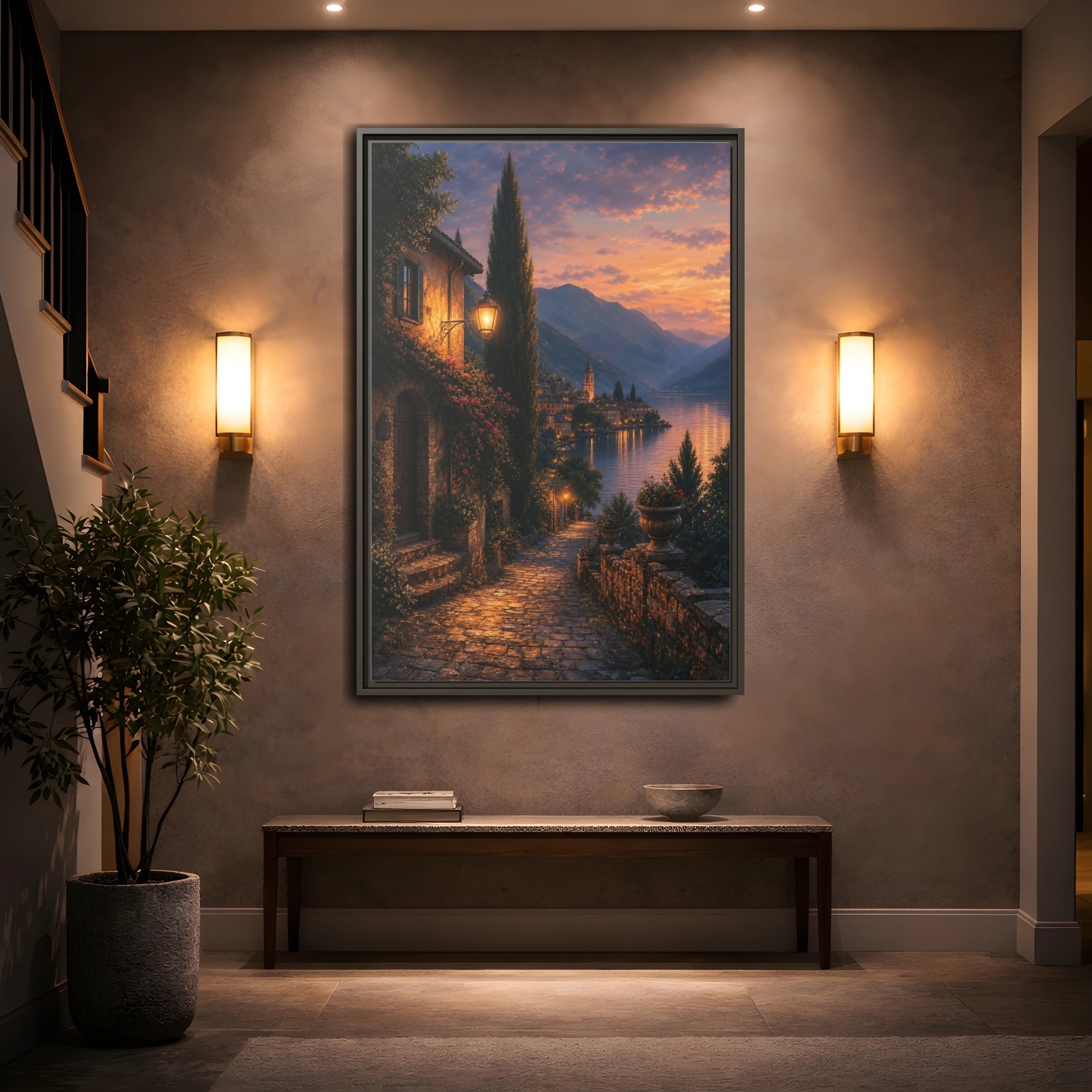 Mockup 2. Nature Lakeside Village Orange Blue Sunset shown as stretched canvas wall art